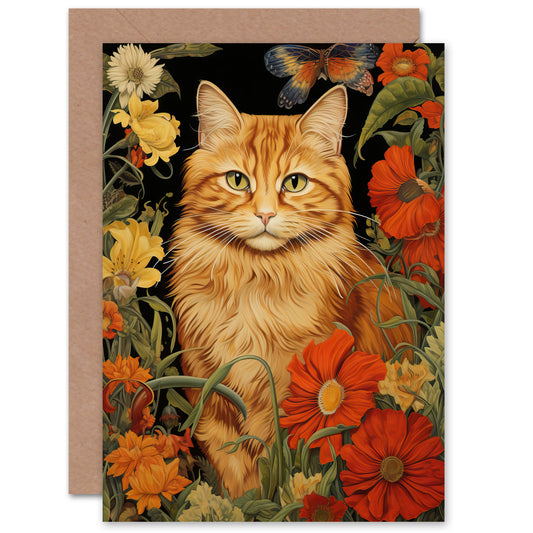 Ginger Tabby Cat Lover Floral Spring Flower Blooms Art Greeting Card