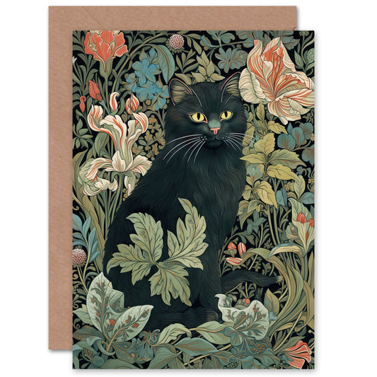Black Cat Flowers Art Nouveau Style Art Greeting Card