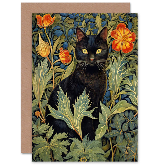 Black Cat In Wildflower Meadow Cat Lover Art Greeting Card