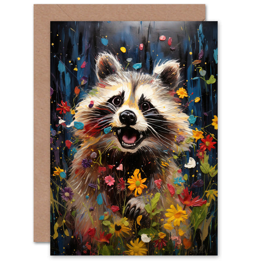 Racoon Romp Wildflower Meadow Quirky Art Greeting Card