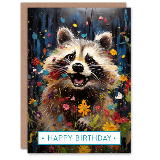 Happy Birthday Playful Raccoon in Wildflower Meadow Birthday Card