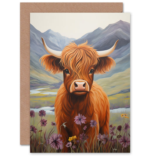 Highland Calf Cow In Heather Scotland Greeting Card