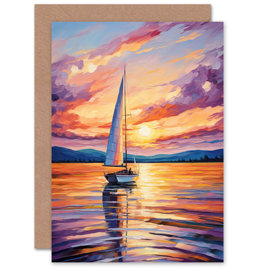 Sunset Sailing Vibrant Sail Boat Seascape Art Greeting Card