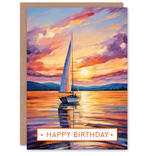 Happy Birthday Sunset Sailing Sailboat Vibrant Seascape Birthday Card