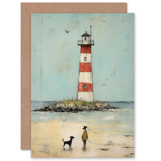 Lighthouse Boy And Pet Dog Beach Walk Art Greeting Card