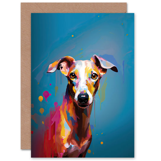 Whippet Dog Lover Gift Pet Portrait Blue Orange Purple Painting Greeting Card