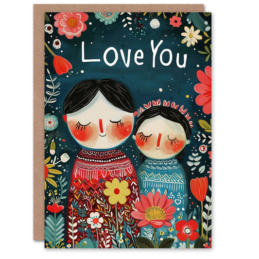 Love You Floral Folk Art Couple Romantic Card