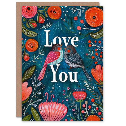 Love You Birds Flowers Romantic Card