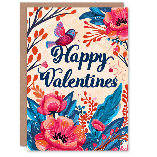 Pink Anemone Flowers Bird Valentine's Card