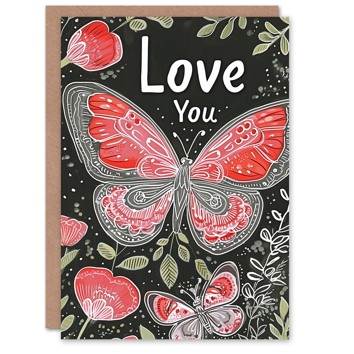 Red Butterfly Flowers Love You Romantic Card