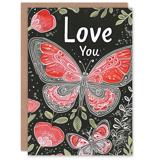 Red Butterfly Flowers Love You Romantic Card