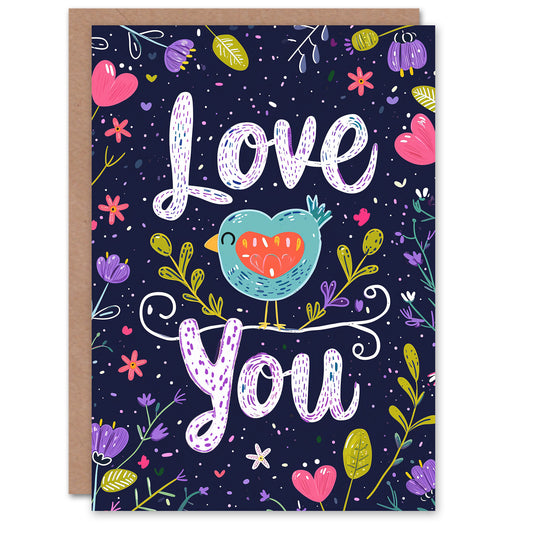 Floral Bird Purple Love You Romantic Card