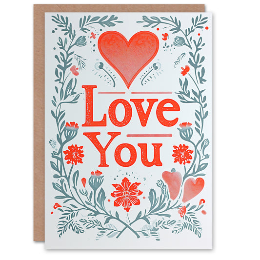 Floral Love You Heart Letterpress Romantic Card