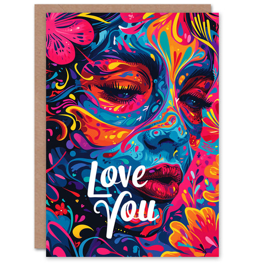 Love You Neon Floral Sugar Skull Romantic Card