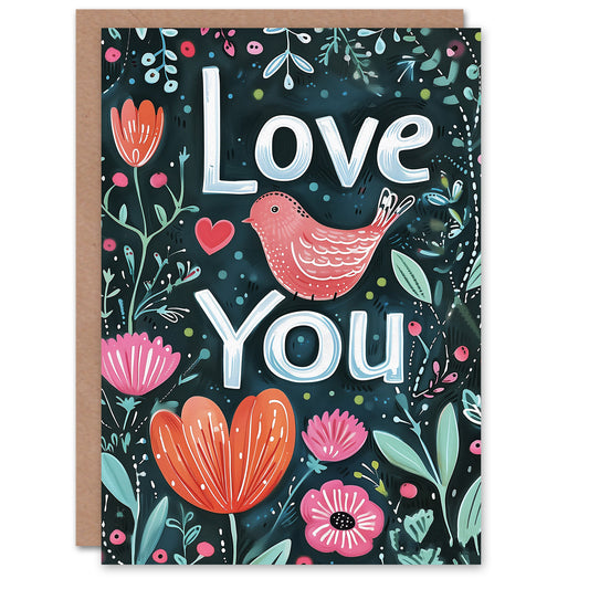 I Love You Folk Boho Floral Bird Romantic Card