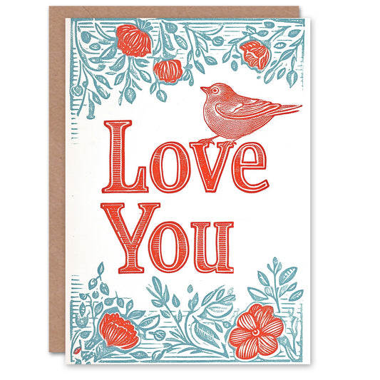 Love You Boho Floral Folk Art Bird Romantic Card