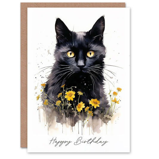 Happy Birthday Black Cat with Yellow Daisy Flowers Birthday Card