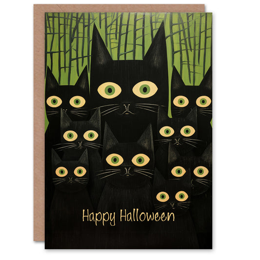 Witch Feline Pack Spooky Green Eye Clowder Halloween Card