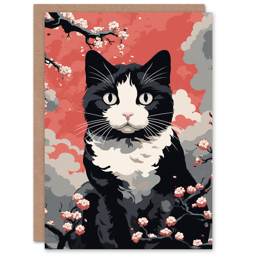 Birthday Greeting Card Tuxedo Cat Lover Cherry Blossom For Her