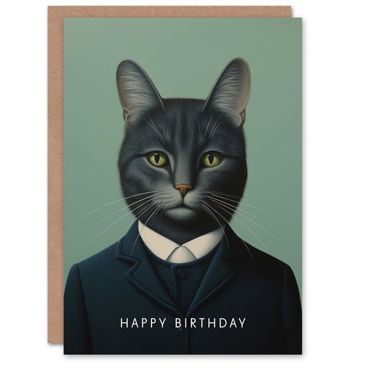 Green Suit Serious Lover Cat Birthday Card