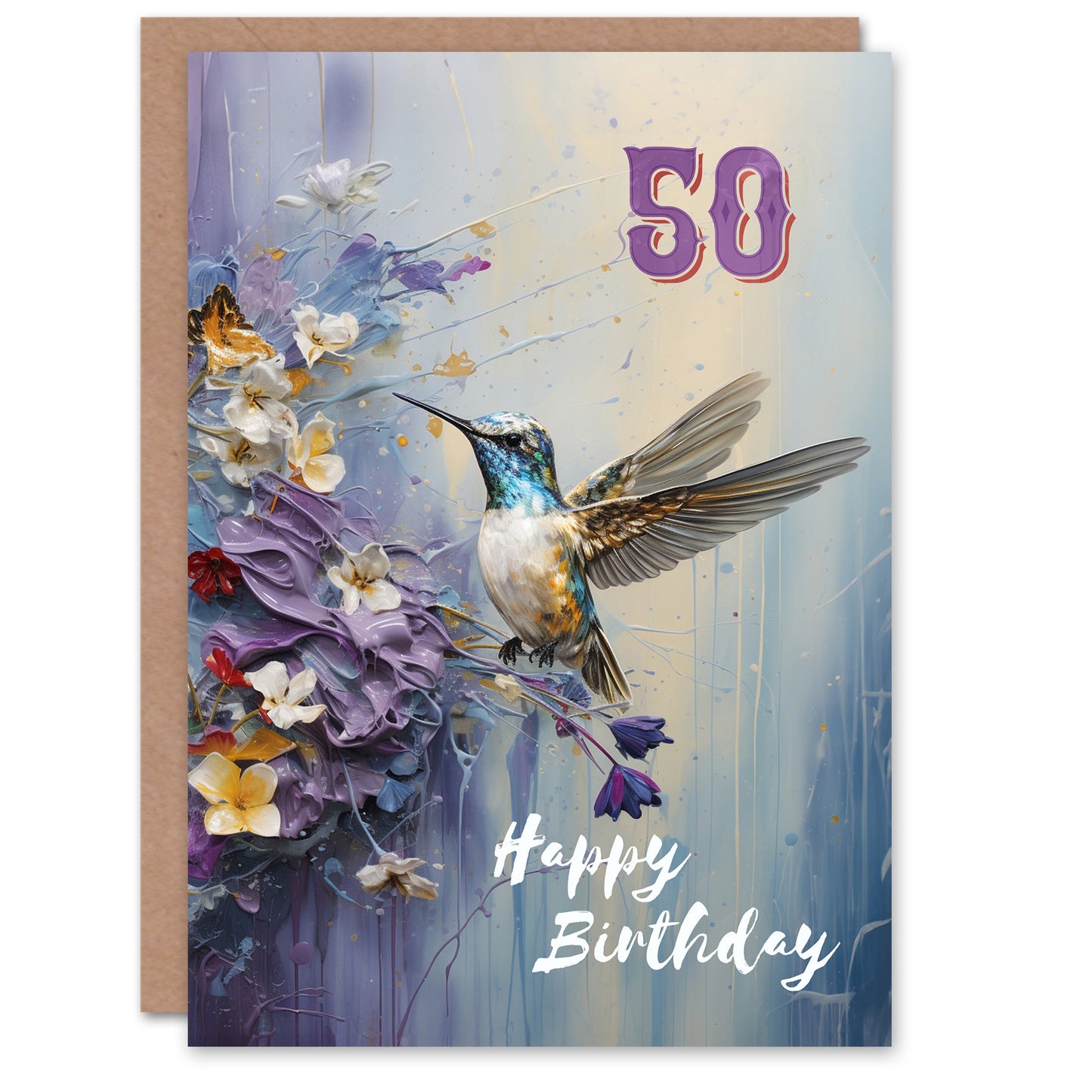 Flowers Age 50 Hummingbird Adult Birthday Card