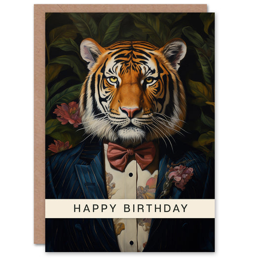 Classy Floral Portrait Tiger Birthday Card