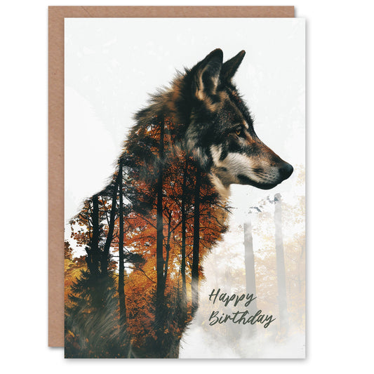 Wolf Autumn Forest Trees Double Exposure Birthday Card
