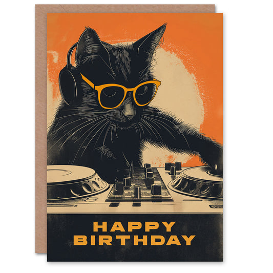 Birthday Card DJ Decks Black Cat Lover Sunglasses Greeting Card