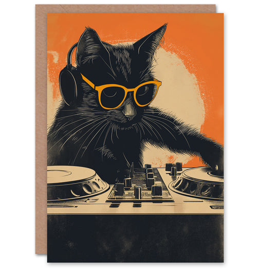 Birthday Card DJ Decks Sunglasses Black Cat Lover Greeting Card