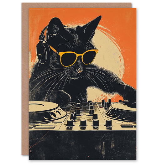 DJ Black Cat With Sunglasses On Decks Greeting Card