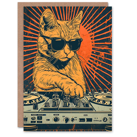 Retro Sun DJ Decks Cat Lover Sunglasses Greeting Card