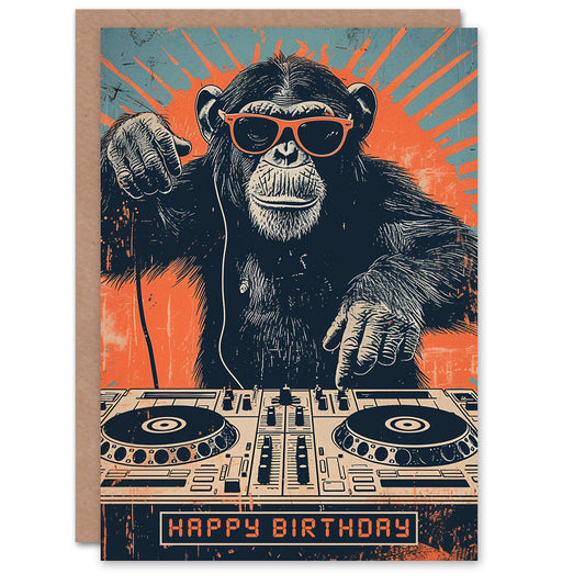 Retro DJ Chimp Sunglasses Ape Decks Birthday Card