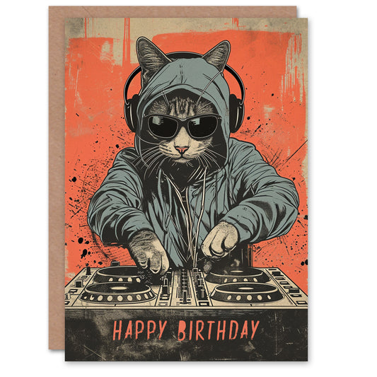 DJ Cat With Hoodie And Sunglasses Birthday Card