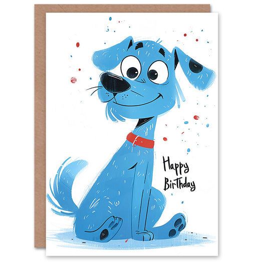 Blue Dog Puppy Cartoon Kids Birthday Card