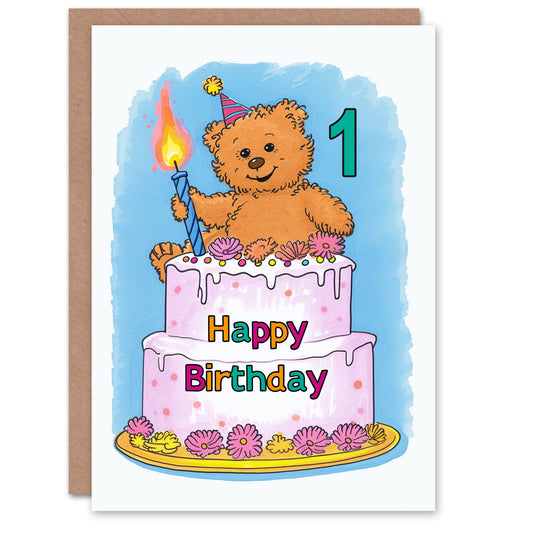 Teddy Bear Cake Party Hat Cartoon Cute Kids Birthday Card