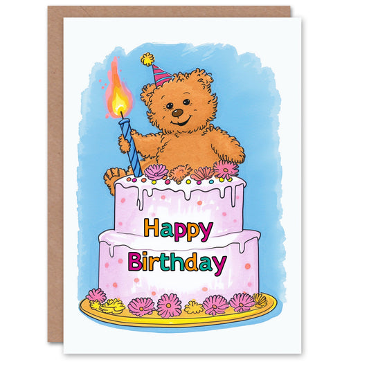 Teddy Bear Party Hat Cake Cartoon Cute Kids Birthday Card
