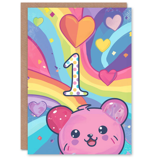 Hamster Bear Rainbow Kawaii Cartoon Cute Kids Birthday Card