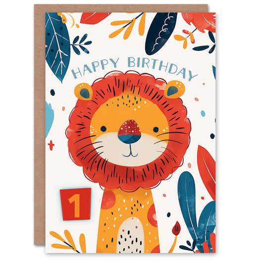 Cute Jungle Lion Bright Cartoon Drawing Kids Birthday Card
