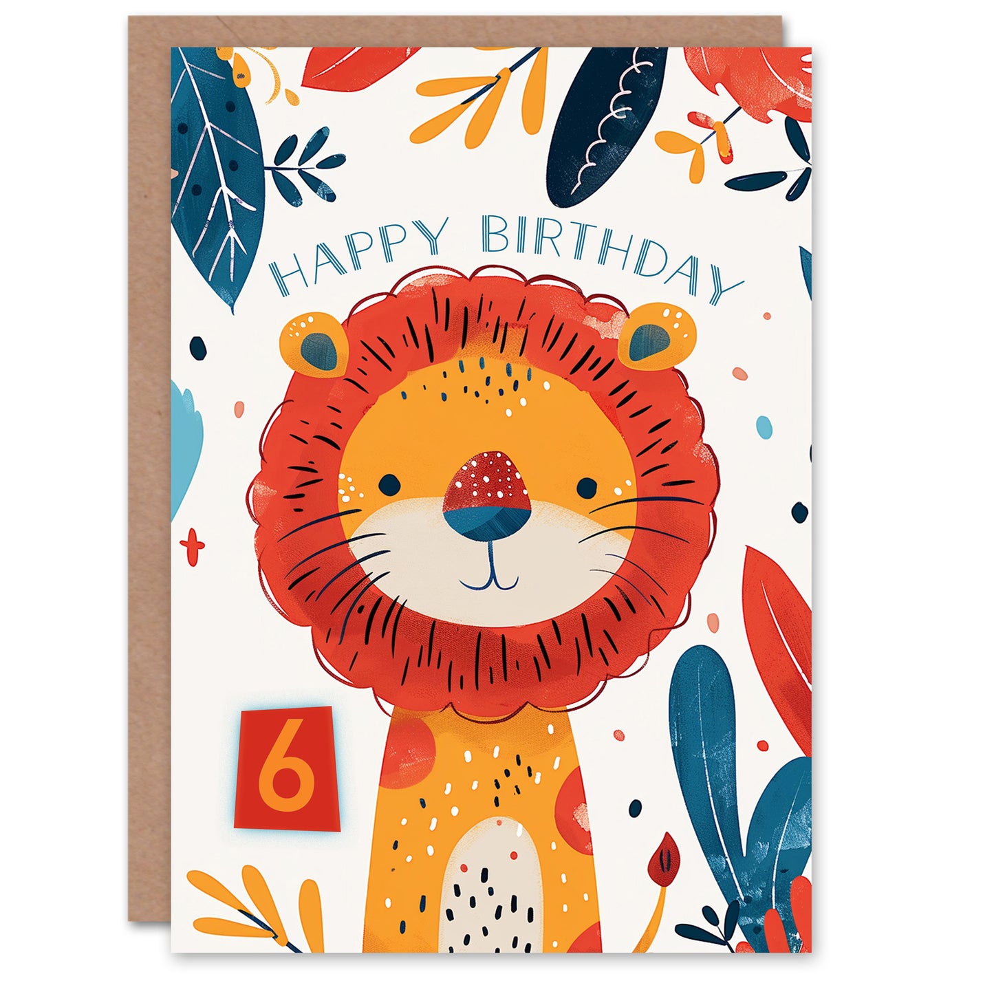 Cute Jungle Lion Bright Cartoon Drawing Kids Birthday Card