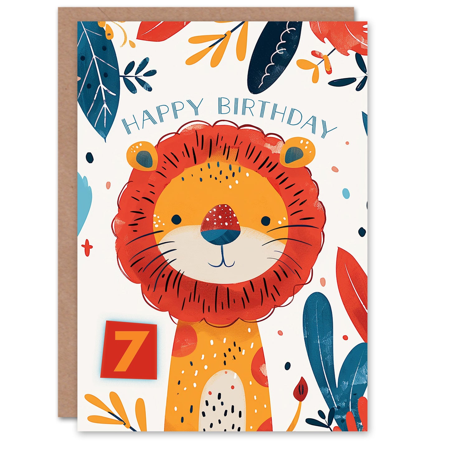 Cute Jungle Lion Bright Cartoon Drawing Kids Birthday Card
