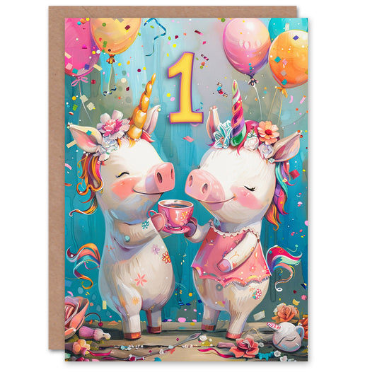 Cute Pig Unicorn Piglet Party Balloons Kids Birthday Card