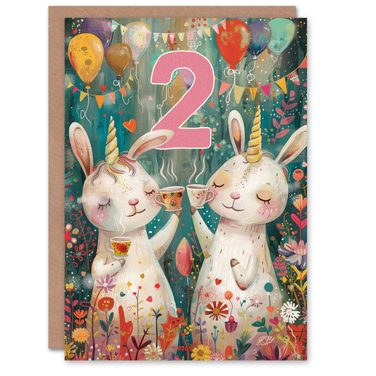 Cute Bunny Rabbit Unicorn Balloons Forest Party Kids Birthday Card
