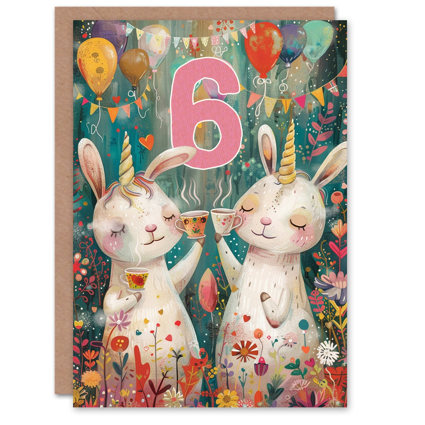 Cute Bunny Rabbit Unicorn Balloons Forest Party Kids Birthday Card