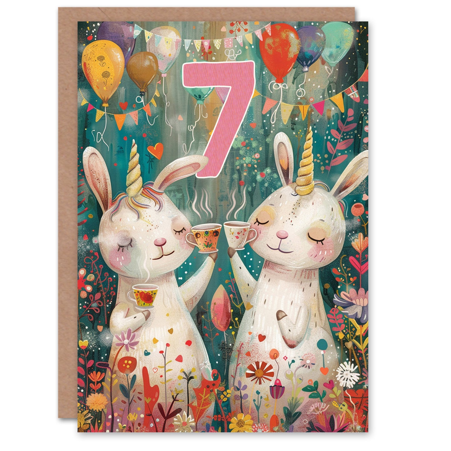 Cute Bunny Rabbit Unicorn Balloons Forest Party Kids Birthday Card
