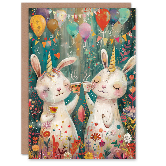 Bunny Rabbit Unicorn Balloons Party Cute Kids Birthday Card