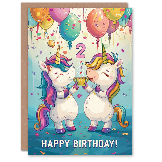 Rainbow Unicorn Party Balloons Cartoon Cute Kids Birthday Card