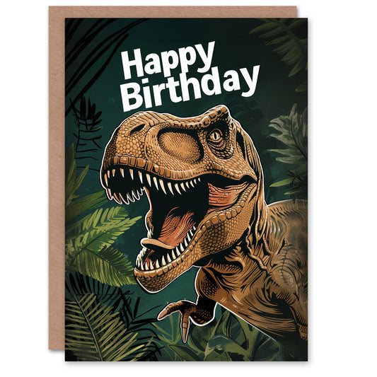 Roaring T-Rex Jurassic Dinosaur Jungle Kids Birthday Card