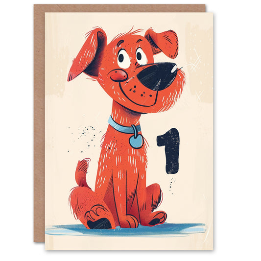Red Dog Puppy Cute Cartoon Kids Birthday Card