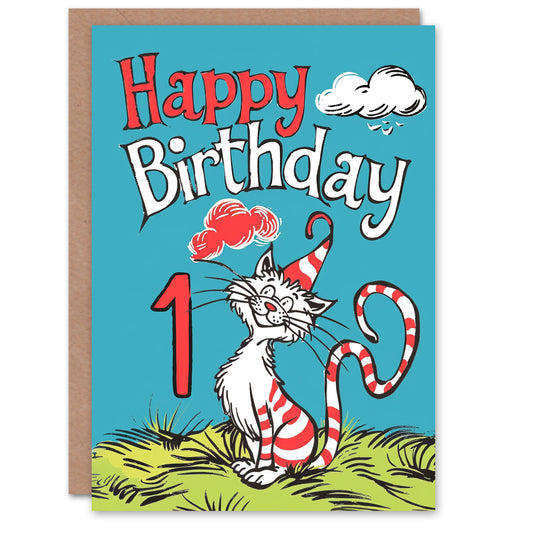 Cat Red Striped Hat Kitty Strange Fun Kids Birthday Card
