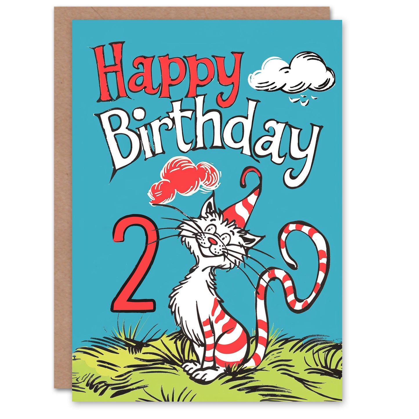 Cat Red Striped Hat Kitty Strange Fun Kids Birthday Card